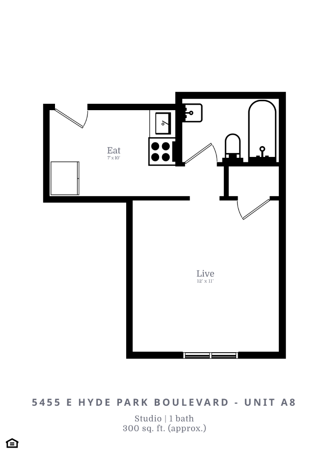 Floor plan for studio, 1 bath, 300 sqft